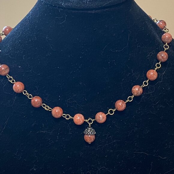 Genuine Red Jasper Short Necklace, Cute Bronze Acorn Charm + Natural Gemstone - Picture 3 of 12